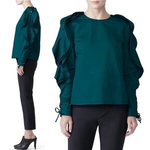 PETERSYN Layer Ruffle Grommet Lace Up Long Sleeve Teal Cotton Statement Blouse S